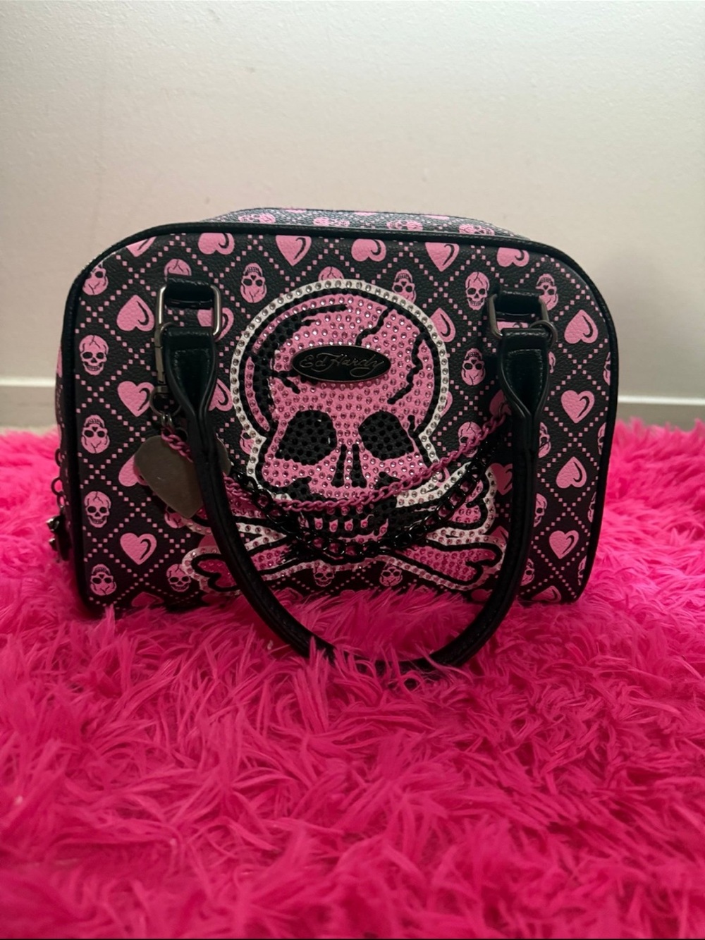 Ed Hardy Studded Pink Skull Dome Handbag